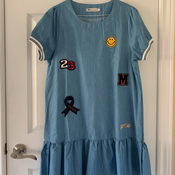 Faux denim drop waist dress w/ embroidered patches - Picture 1 of 4